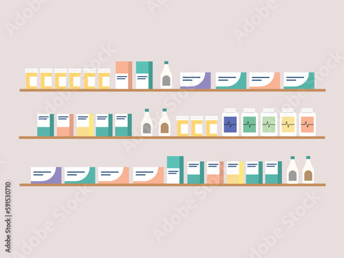 Pharmacy shelves with medicines. Concept of pharmaceutics and medication. Flat style vector illustration.