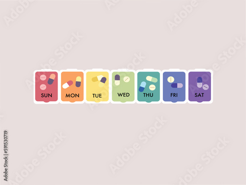 Weekly pill box for capsules, tablets, medicine. Medicine organizer with colorful containers. Daily use. Medicine organizer intake concept in a flat style. Vector illustration.