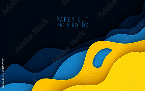 Multi layers yellow navy wavy texture 3D papercut layers in gradient vector banner. Abstract paper cut art background design for website template. Topography map concept or smooth origami paper cut