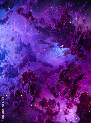 Nebula in outer space, planets and galaxy, 3d animation