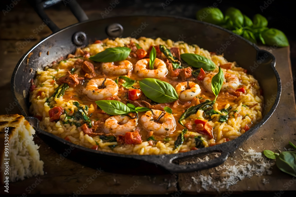 A creamy tomato and basil risotto with grilled shrimp