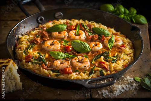 A creamy tomato and basil risotto with grilled shrimp
