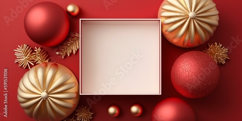 Top view photo of vibrant red Christmas decorations on an isolated red background with plenty of copyspace. Perfect for holiday-themed projects.