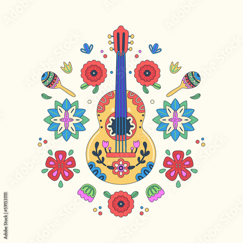Cinco de Mayo celebration. Mexican holiday. Colorful vector illustration with decorated guitars and maracas in flowers and leaves on light background. Fiesta design for greeting card, t-short, poster