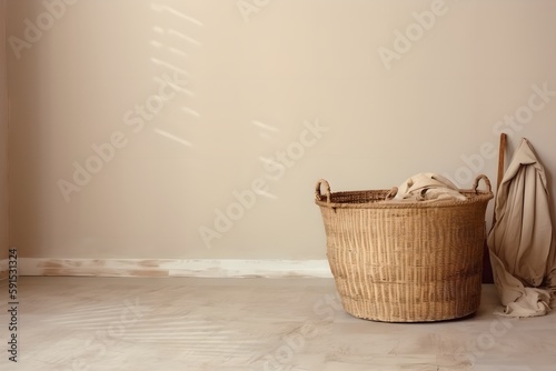 Basket with dirty laundry on floor in room, generative ai