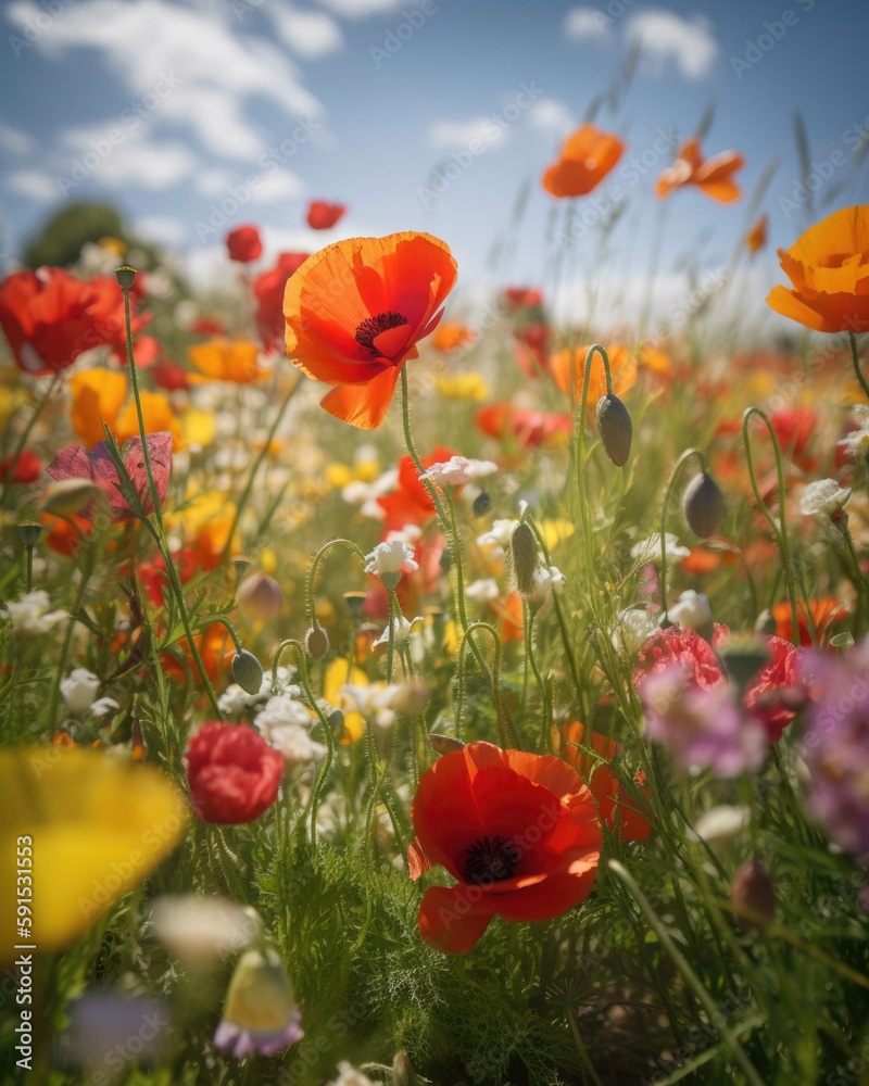Obraz premium A strong breeze blows through a brokendown fighter jet rusttinged petals of poppies and daffodils tered around Abandoned landscape. AI generation.