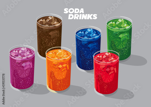 soda drinks with six type of color and taste. Cola, soda blue, lime green, purple, strawberry red and orange