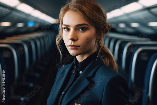 Beautiful  female stewardess at work on the airplane, generative AI © Nattawat