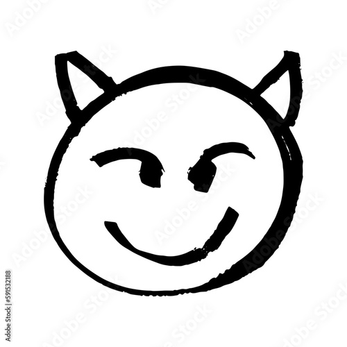 Emoji Smiling Face with Horns, Devil. Hand-drawn with marker pen, Black isolated on white background, jagged strokes, draft, scribble. Vector illustration.