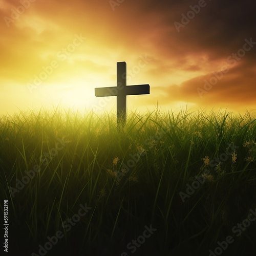 cross on grass in sunrise for church background, in the style of dark yellow and dark emerald, sentimental realism, light use of color, matte background, stock photo, eerily realistic