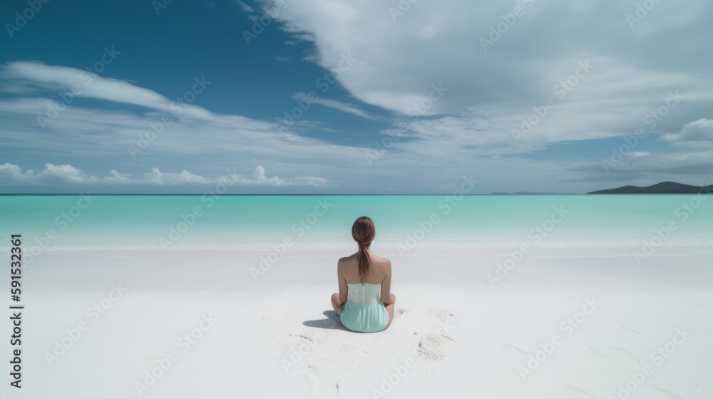 Young woman practicing yoga on white sand beach island by the sea. Harmony, meditation, healthy lifestyle and travel concept