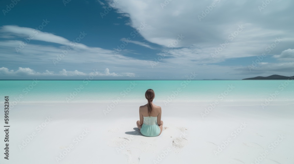 Young woman practicing yoga on white sand beach island by the sea. Harmony, meditation, healthy lifestyle and travel concept Young woman practicing yoga on white sand beach island by the sea. Harmony, meditation, healthy lifestyle and travel concept