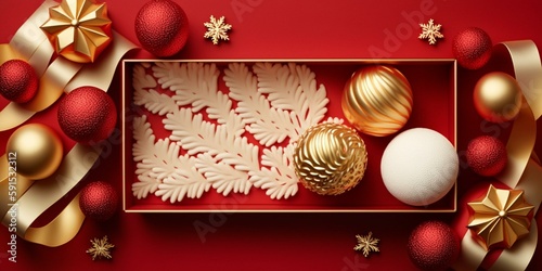 Top view photo of vibrant red Christmas decorations on an isolated red background with plenty of copyspace. Perfect for holiday-themed projects.