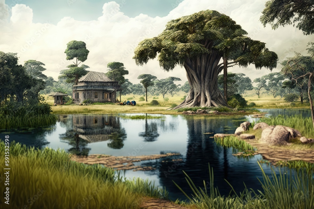 Fototapeta premium Benin landscape with baobab and lake. Generative AI Art. Beautiful view.