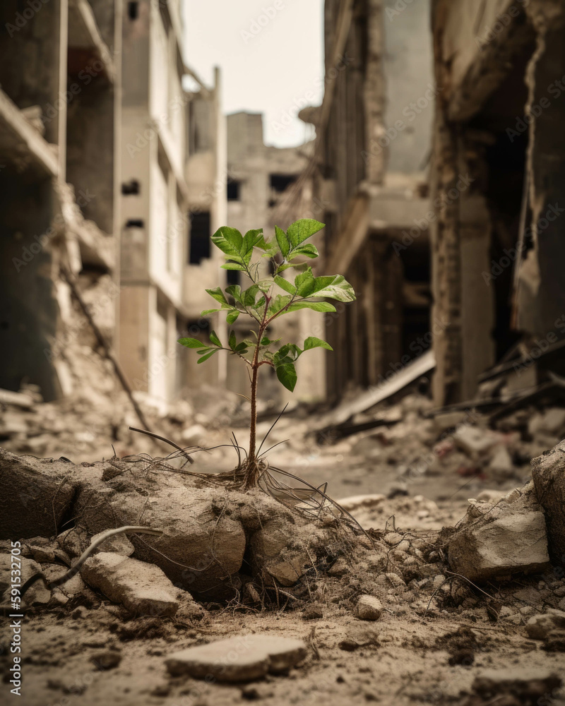 A symbol of the resilience of nature living ast the leftovers of war. Abandoned landscape. AI generation. A symbol of the resilience of nature living ast the leftovers of war. Abandoned landscape. AI generation.