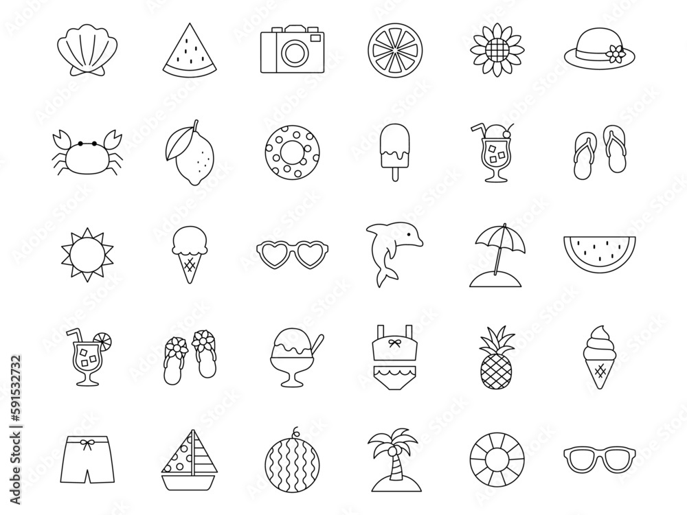 シンプルな夏の線画アイコンイラストセット