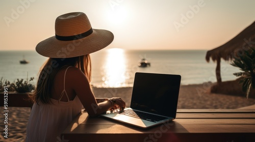 Young business woman working at the computer in cafe on beach . Young girl downshifter working at a laptop at sunset or sunrise near sea, working day