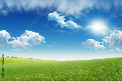 Beautiful grassy field nature landscape background panorama with blooming glade  trees  hills and blue sky on a sunny day  generative ai