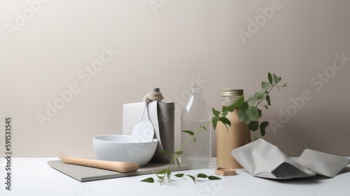 Disposable eco-friendly recycling packaging on a beige background. Reusable raw materials