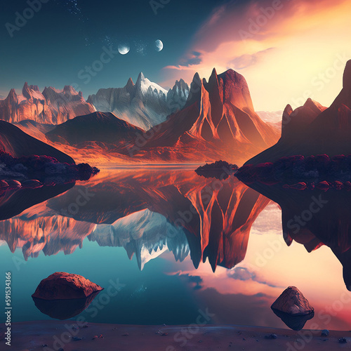 3d render, fantasy landscape panorama with mountains reflecting in the water. Abstract background. Spiritual zen wallpaper with skyline Created using generative AI