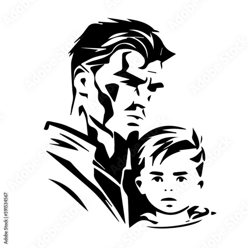 Detailed black silhouette of a serious man and child. Print for movie poster
