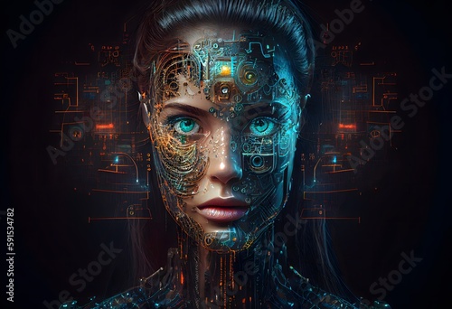 Portrait of a female cyborg robot digital illustration generative AI