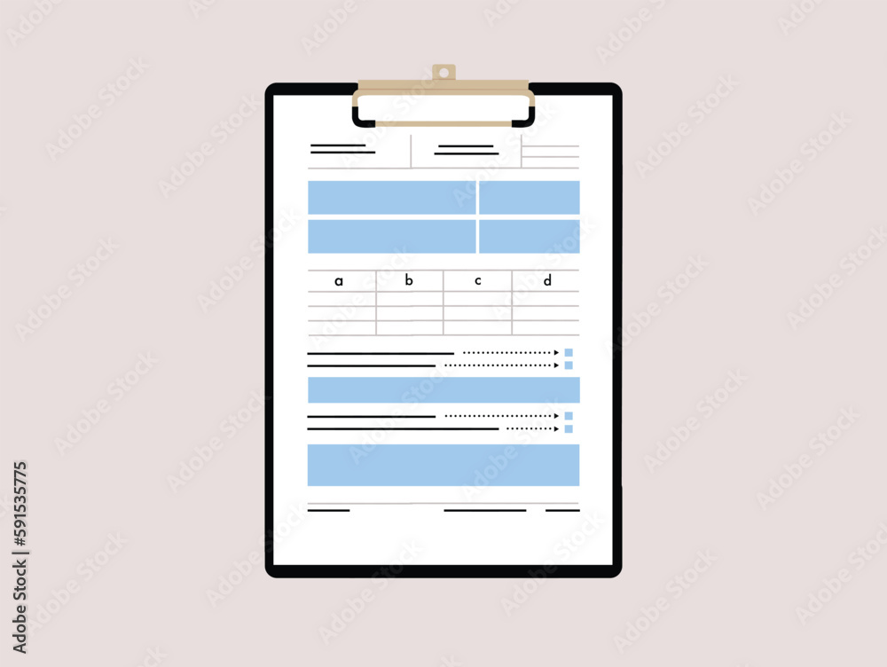 Clipboard with a tax form, a document template. Vector illustration clipboard on brown background. Clipboard with a tax form, a document template. Vector illustration clipboard on brown background.