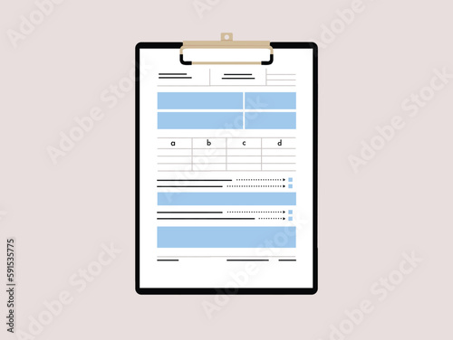 Clipboard with a tax form, a document template. Vector illustration clipboard on brown background.