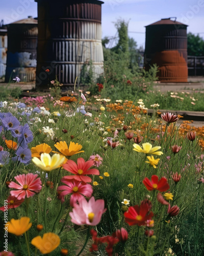 Nature in bloom with vibrant and colorful petals growing a the broken and rusting tanks in the background. Abandoned landscape. AI generation.