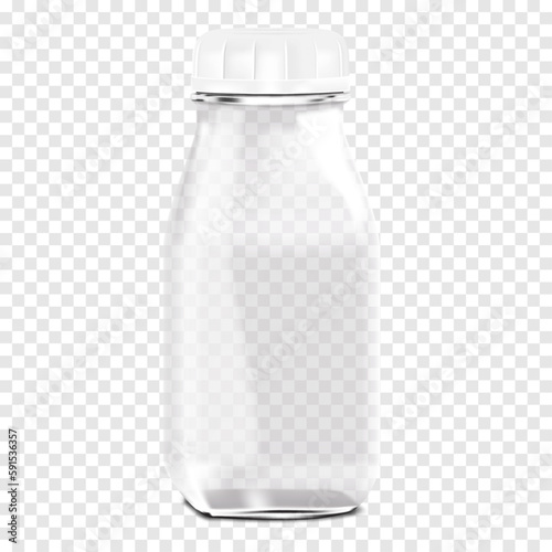Clear bottle with round white screw cap on transparent background realistic vector mock-up. Liquid food product empty container mockup. Template for design