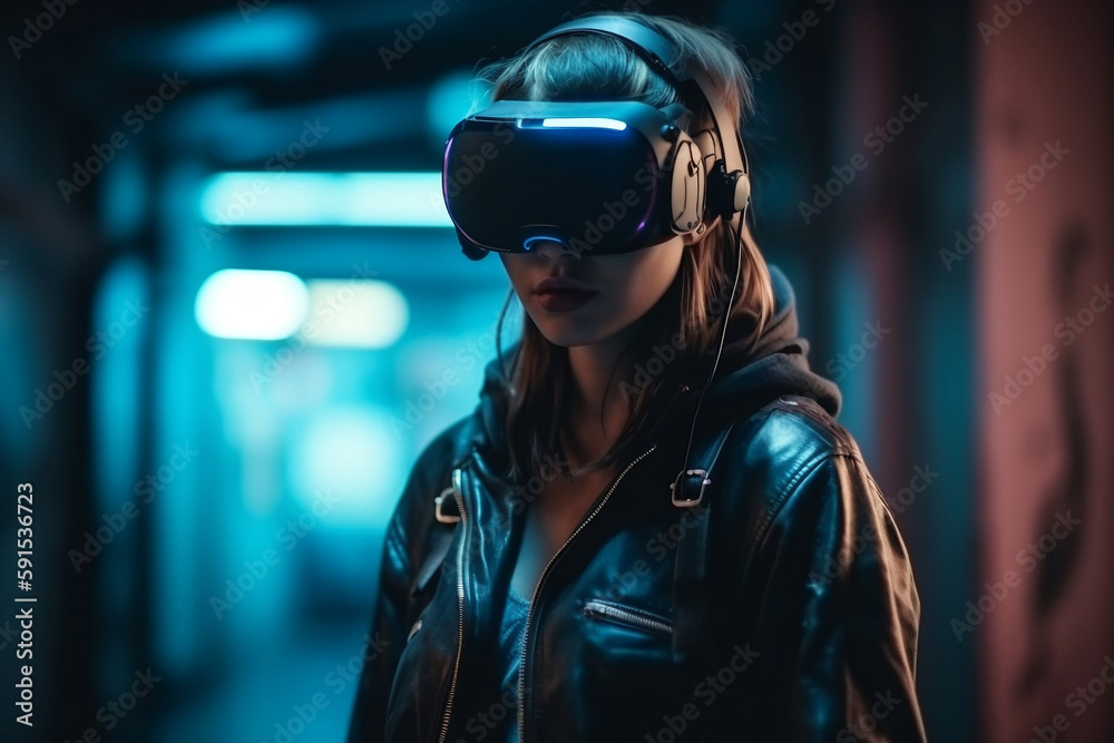 Cyberpunk Woman Portrait With Vr Headset Ready To Explore Virtual Reality And Blurred Background, Made Using Generative Ai
