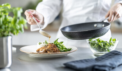 Female cook finishing food with sauce on counter in restaurant or hotel kitchen. The chef prepares the food just before taking it to the restaurant