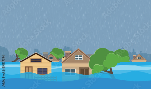 Flood natural disaster with house, heavy rain and storm , damage with home, clouds and rain, Flooded house.