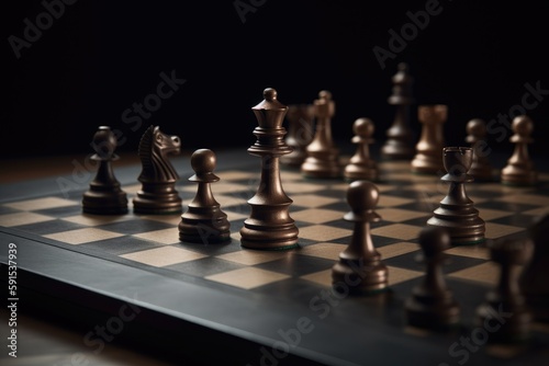Chess pieces on a chessboard with dark background. Generative AI.