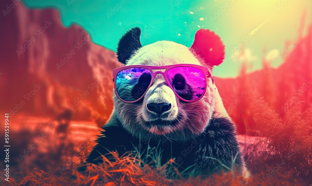 Funny panda bear with sunglasses in the nature. Spring is coming. Generative AI
