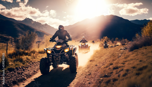 Group people riding atv vehicle on offroad track in touristic tour, sun light. Generation AI