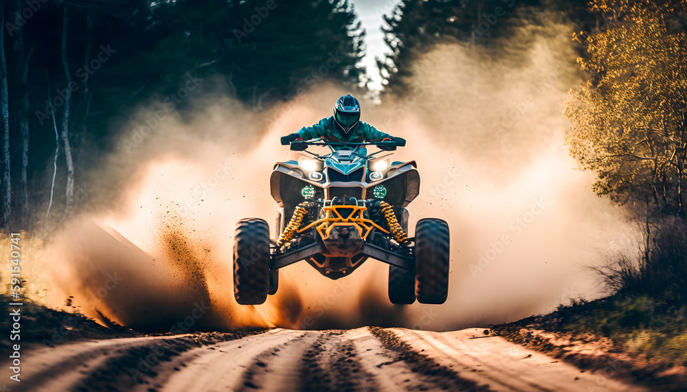 Extreme sport activities theme. Man jumping atv vehicle on offroad ...
