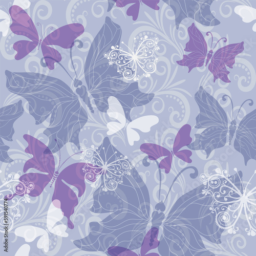 Vector seamless delicate silvery pattern with flying butterflies