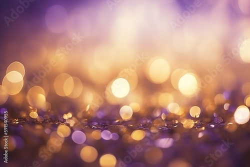 Bokeh style golden purple illustration of glitter emerald background, festive atmosphere - created with generative AI technology