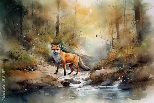 Red fox portrait  abstract watercolor painting  generative AI