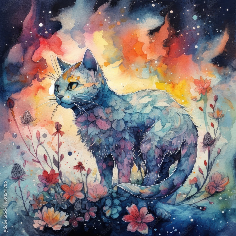 watercolor mysterious cat Generative Ai