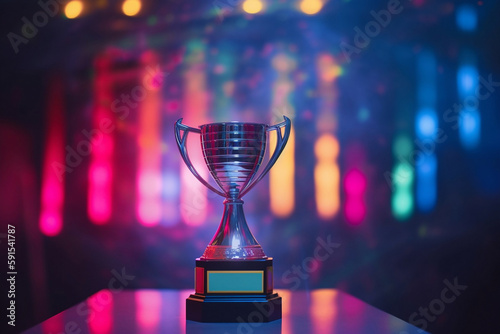 Winner Trophy On A Stage At Studio Illuminated By Neon Lights With Blurred Background, Made Using Generative Ai