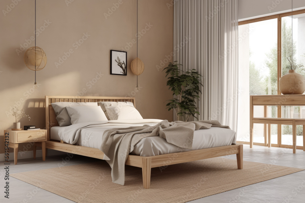 Fototapeta premium Serenity of Scandinavian Style Bedroom with Natural Wood Furniture and Beige Color Scheme, A Generative AI Mockup, Generative AI.