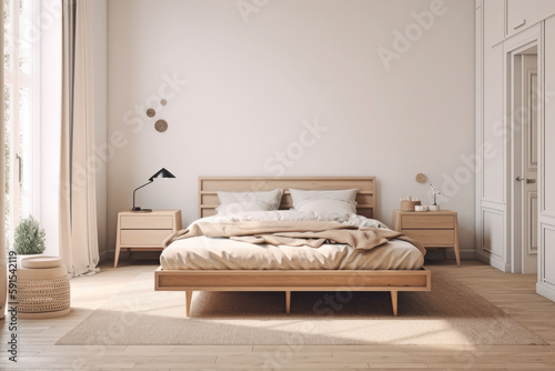 Serenity of Scandinavian Style Bedroom with Natural Wood Furniture and Beige Color Scheme, A Generative AI Mockup, Generative AI.