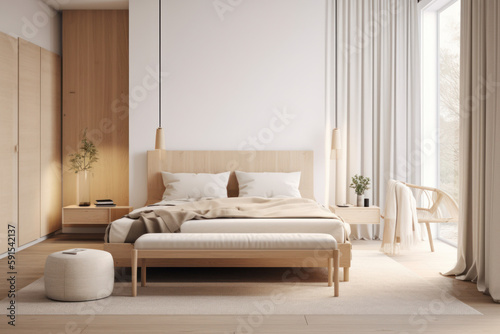 Serenity of Scandinavian Style Bedroom with Natural Wood Furniture and Beige Color Scheme, A Generative AI Mockup, Generative AI. © Jiroj