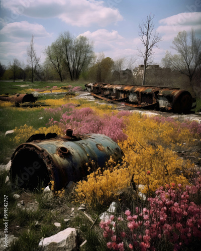 Colors of spring in full bloom with the crumbling and rusting remains of tanks in the background. Abandoned landscape. AI generation.