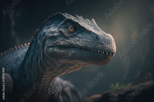A realistic depiction of a dangerous dinosaur on a dark background. Generative AI. © Anna