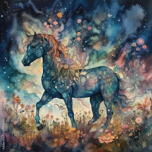 Watercolor mysterious Horse Generative Ai © NHILOVEER