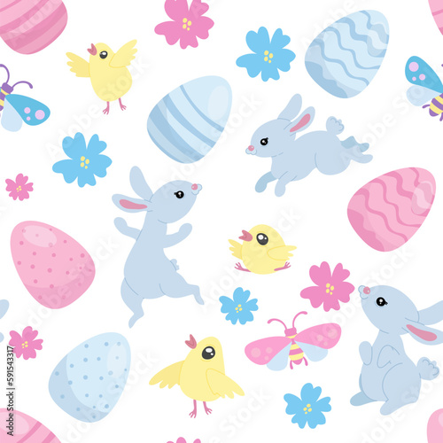 Happy Easter seamless pattern, cute blue bunnies and Easter eggs and yellow chickens, bugs © babanova