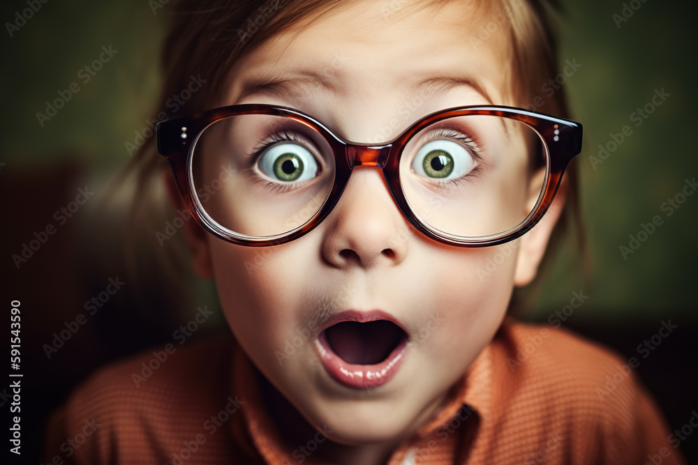 Surprised girl with glasses makes a strange face of satisfaction, big eyes and open mouth. Surprise, happiness and astonishment concept. Generative ai